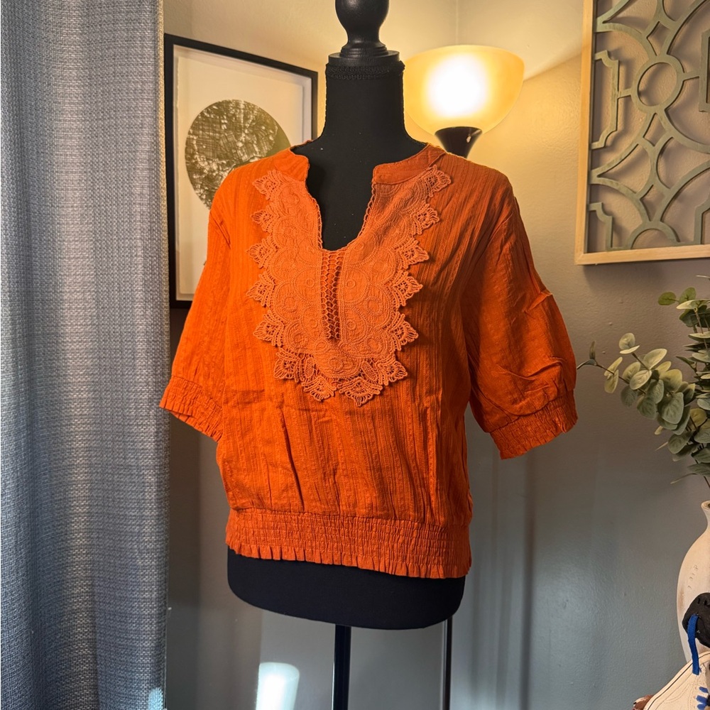 Elegant Orange Women's Blouse with Lace Accent